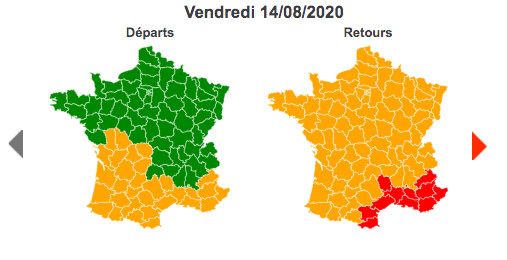 Vendredi 14 août 2020 est classé vert dans le sens des départs au niveau national, orange dans le sens des retours et rouge sur l'arc méditerranéen.&nbsp; ((BISON FUTE))