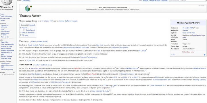 La fiche wikipédia de Thomas Savare revisitée par des supporters du Stade Français mécontents de l'annonce de la fusion avec le Racing 92