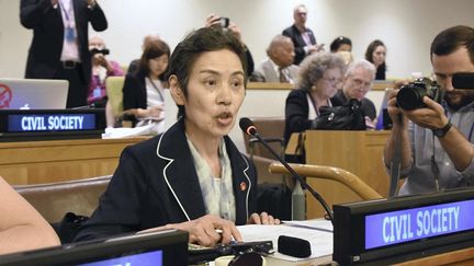 Masako Wada, la secrétaire générale adjointe de Nihon Hidankyo et survivante de la bombe atomique, lors d'une conférence le 19 juin 2017 à New York (Etats-Unis). (RYO IMAIZUMI / YOMIURI / AFP)