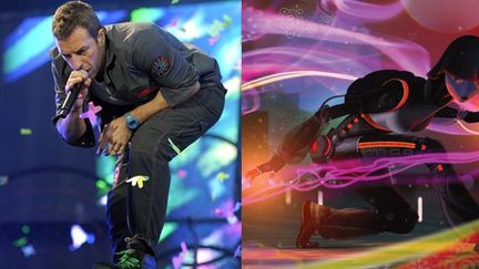 Chris Martin, leader de Coldplay et son petit personnage Mylo Xyloto
 (M.Van Hoorn/ANP/AFP, Bongo Comics)