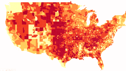 Carte du score de Donald Trump à la présidentielle américaine de 2016 comté par comté. (NICOLAS ENAULT / CARTO)