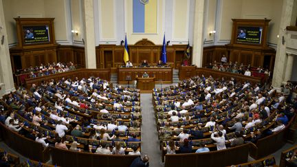 Le président ukrainien, Volodymyr Zelensky, s'exprime devant les parlementaires de son pays, le 28 juin 2023. (PRESIDENCE UKRAINIENNE / AFP)