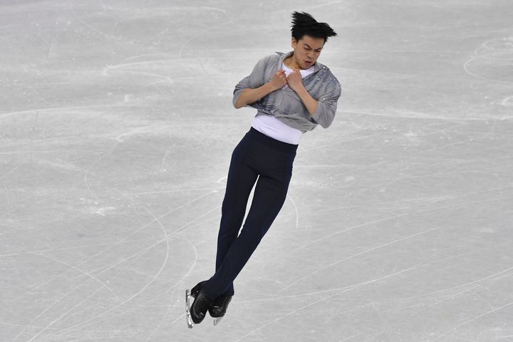 Vincent Zhou participe au programme court de patinage artistique, le 16 février 2018 à Pyeongchang (Corée du Sud). (ED JONES / AFP)