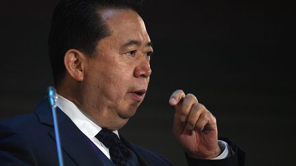 Le président chinois d'Interpol, Meng Hongwei, lors d'un congrès international sur la cybersécurité, le 6 juillet 2018, à Moscou (Russie). (VALERIY MELNIKOV / SPUTNIK / AFP)