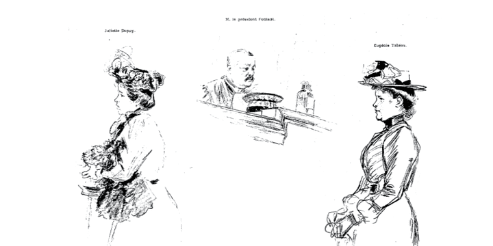 Dessin de presse de deux bonnes travaillant pour la famille Monnier pendant le procès de Marcel Monnier
 (France3/culturebox)