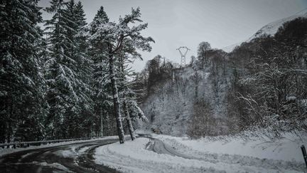 Une route enneigée à Laruns (Pyrénées-Atlantiques), le 8 décembre 2024. (QUENTIN TOP / HANS LUCAS / AFP)