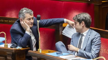 The Minister of the Interior, Gérald Darmanin and the Prime Minister, Gabriel Attal during a government questions session.  (VINCENT ISORE / MAXPPP)