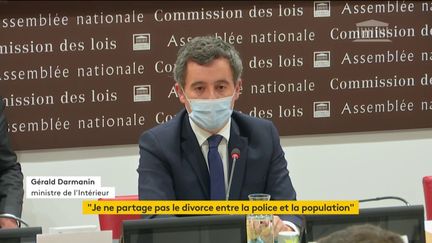 Le ministre de l'Intérieur Gérald Darmanin devant la commission des lois de l'Assemblée nationale, à Paris, le 30 novembre 2020. (FRANCE TELEVISIONS)