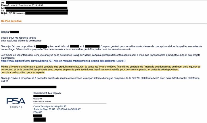 Mail envoyé le 17 septembre 2019 par un expert à plusieurs hauts cadres du comité exécutif de Stellantis. (DOCUMENT CELLULE INVESTIGATION DE RADIO FRANCE)