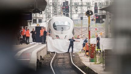 La police protège le lieu où un enfant est mort, poussé sur la voie, à la gare centrale de Francfort (Allemagne), le 29 juillet 2019. (ANDREAS ARNOLD / DPA / AFP)