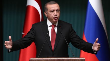 Le pr&eacute;sident turc Recep Tayyip Erdogan lors d'une conf&eacute;rence de presse avec le pr&eacute;sident russe Vladimir Poutine, &agrave; Ankara (Turquie), le 1er d&eacute;cembre 2014. (ADEM ALTAN / AFP)