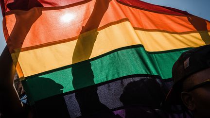 Le drapeau arc-en-ciel, symbole de la communauté LGBT, brandi lors de la Gay pride à Durban, en Afrique du Sud, en juin 2018. (RAJESH JANTILAL / AFP)