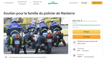 La cagnotte a dépassé les 850 000 euros pour la famille du policier de Nanterre mis en examen pour homicide volontaire et placé en détention provisoire. (CAPTURE ECRAN)