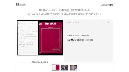 Capture d'écran du site de la maison d'enchères Julien's Auctions, qui a vendu ces paroles manuscrites de la chanson "Hey Jude". (JULIENS AUCTIONS)