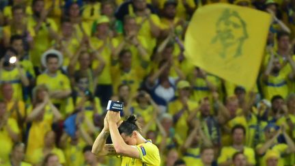 Zlatan Ibrahimovic remercie les supporters suédois après la défaite de la Suède contre la Belgique à l'Euro 2016, le 22 juin 2016 à Nice, son dernier match en sélection. (EMMANUEL DUNAND / AFP)