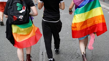 Des manifestants avec le drapeau arc-en-ciel, symbole des personnes LGBT, à Paris, le 30 juin 2018. (GEOFFROY VAN DER HASSELT / AFP)