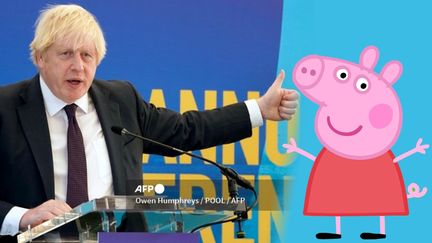 Le Premier ministre Britannique Boris Johnson a évoqué le dessin animé "Peppa Pig" lors de son intervention devant le patronat Britannique (photo montage). (Owen Humphreys / POOL / AFP/ Neville Astley/ Mark Baker)