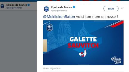 Le nom russe proposé à un utilisateur par le compte de l'équipe de France, vendredi 22 juin 2018. (EQUIPE DE FRANCE / TWITTER)