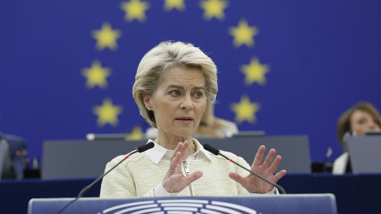 The President of the European Commission, Ursula von der Leyen, will address the European Parliament on May 4, 2022 in Strasbourg (Bas-Rhin).  (JEAN-FRANCOIS BADIAS / AP / SIPA)