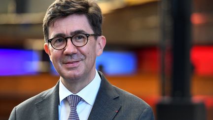 Pierre-Eric Pommellet, le PDG de Naval Group, le 29 mars 2021 à Lorient (Morbihan). (FRED TANNEAU / AFP)