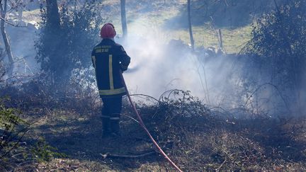 Un pompier à Sampolo en Corse où des incendies ont démarré, le 24 février.&nbsp; (JEAN-PIERRE BELZIT / MAXPPP)