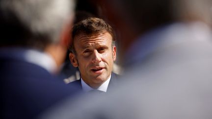 Emmanuel Macron lors d'un discours à Saint-Nazaire (Loire-Atlantique).&nbsp; (STEPHANE MAHE / POOL)