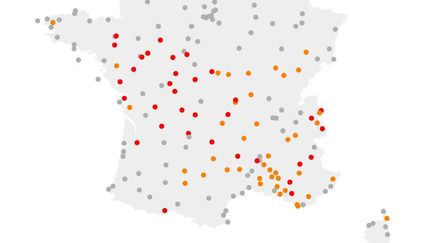 Carte des records de températures pendant l'été 2019.&nbsp; (FRANCEINFO)