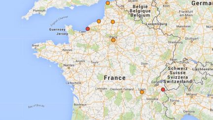 Dix villes françaises sont particulièrement touchées par un épisode de pollution aux particules fines, lundi 2 novembre 2015. (CAROLE BELINGARD / GOOGLE MAPS)