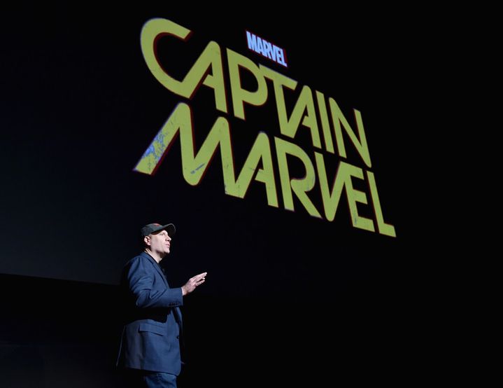 Keivin Feige présente les futures adaptations à l'écran de la galaxie Marvel.
 (Alberto E. Rodriguez / Getty Images / AFP)