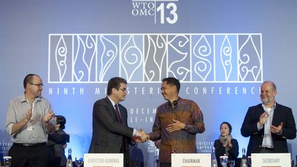 Le directeur g&eacute;n&eacute;ral de l'OMC, Roberto Azevedo, salue le ministre indon&eacute;sien du Commerce, Gita Wirjawan, &agrave; Bali, le 7 d&eacute;cembre 2013. (LUI SIU WAI / XINHUA / AFP)