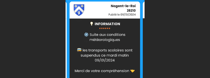 À Nogent-le-Roi, la ville communique sur l'annulation des transports scolaires. (PANNEAU POCKET / CAPTURE D'ECRAN)