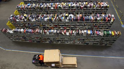 Vue en plongée d'un entrepôt d'Amazon, avec des centaines de livres sur des étagères et un ouvrier et ses cartons, à Bad Hersfeld, en Allemagne (23 octobre 2007)
 (Jens-Ulrich Koch / DDP / AFP)