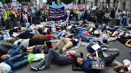 D'autres se sont allong&eacute;s pour protester contre le nombre de victimes des frappes isra&eacute;liennes dans l'enclave palestiniennes. &nbsp; (CARL COURT / AFP)