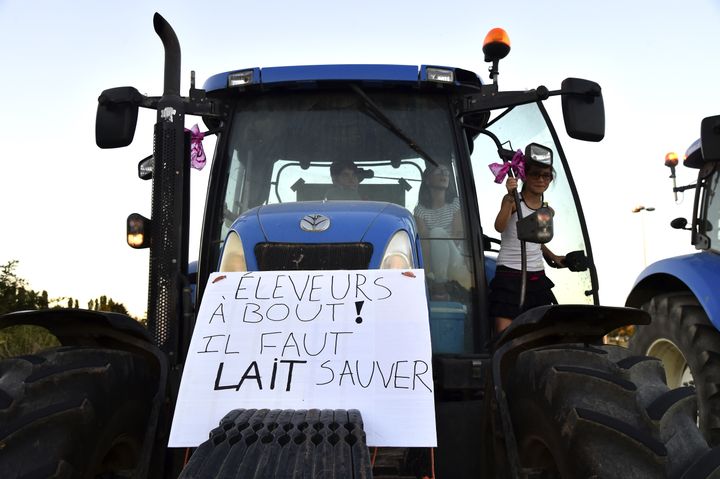 Une femme sur un tracteur, devant la siège de Lactalis, à Laval (Mayenne), le 22 août 2016.&nbsp; (JEAN-FRANCOIS MONIER / AFP)