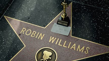 Un Oscar miniature install&eacute; sur l'&eacute;toile de&nbsp;Robin Williams, sur le Walk of Fame d'Hollywood Boulevard, &agrave; Los Angeles, le&nbsp;11 ao&ucirc;t 2014. (MARK RALSTON / AFP)