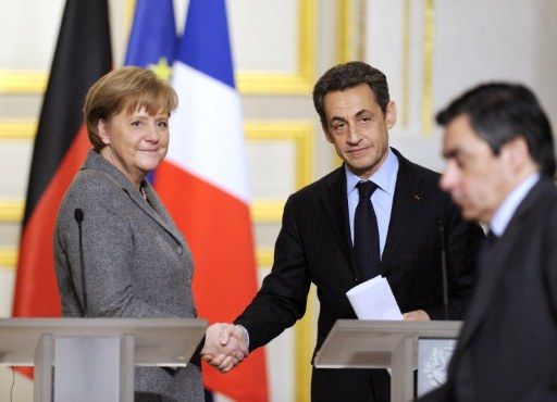 Nicolas Sarkozy recoit Angela Merkel, à l'Elysée, le 6 février 2012. (AFP - Eric Feferberg)