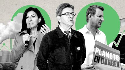 Les candidats à la présidentielle Anne Hidalgo, Yannick Jadot et Jean-Luc Mélenchon, qui proposent tous les trois d'instaurer une forme d'ISF lié en partie à l'impact carbone des placements financiers. (ELLEN LOZON / FRANCEINFO)