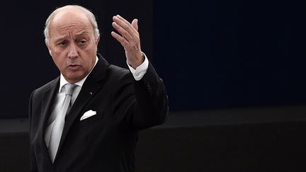 Laurent Fabius s'exprime lors d'un débat sur les suites de la COP21, le 20 janvier 2016, au Parlement européen, à Strasbourg (Bas-Rhin). (FREDERICK FLORIN / AFP)