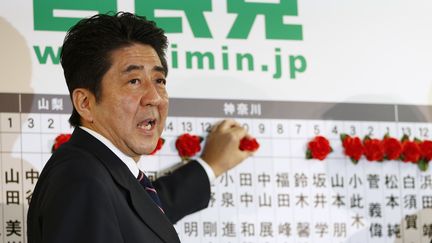 L'ancien Premier ministre japonais Shinzo Abe c&eacute;l&egrave;bre la victoire de son parti aux l&eacute;gislatives anticip&eacute;es, le 16 d&eacute;cembre 2012. (YURIKO NAKAO / REUTERS)