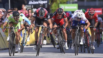 Des coureurs cyclistes finissent au sprint l'étape du  Critérium du Dauphiné&nbsp;entre&nbsp;Tain-l'Hermitage et Belley le 9 juin 2016.&nbsp; (DE WAELE TIM / TDWSPORT SARL / AFP)