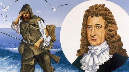 Gravure en couleurs du 19e siecle représentant le personnage de Robin Crusoé ainsi qu'un portrait de Daniel Defoe.
 (Leemage)