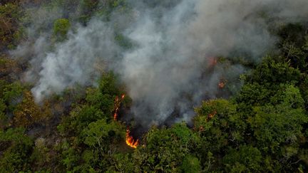 Smoke from illegal fires lit by farmers rises in Manaquiri, Amazonas state, Brazil, on September 6, 2023. (MICHAEL DANTAS / AFP)