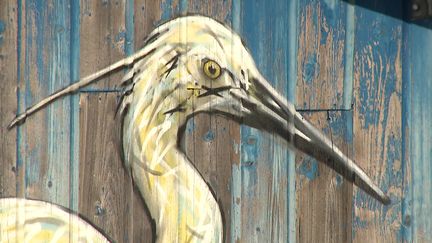 Aigrette peinte par A-MO sur une cabane d'ostréiculteur du bassin d'Arcachon&nbsp; (A-MO)