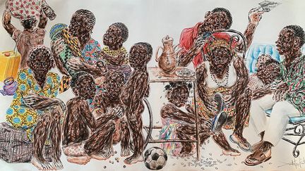 "L’exode et la famille". Salifou Lindou est né en 1965 au Cameroun. Ses œuvres sont créées en&nbsp; mélangeant divers matériaux (tôle, cuir, acier, papier…), mais comme il le précise : "Depuis une dizaine d’années, je suis revenu au dessin et au papier. C’était comme une évidence. Je voulais réapprivoiser les codes et les principes d’une technique naturellement plus académique et m’essayer de nouveau à la figuration et la représentation des scènes de vie." "Ses dessins montrent des silhouettes fortes, mais fragiles en même temps, dans des univers chaotiques où l’homme libère ses pulsions, conjure son angoisse, décharge son agressivité, c’est pleinement humain", ajoute l’historienne d'art, Ruth Belinga. Son travail est reconnu tant sur le plan national, qu’international.&nbsp; (SALIFOU LINDOU – AFIKARIS)