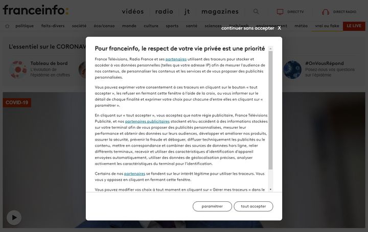 Fenêtre apparaissant lors d'une première connexion sur le site franceinfo.fr, recueillant le consentement de l'internaute à propos des traceurs (ou cookies), en avril 2021. (FRANCEINFO)