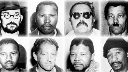 Portraits des huit militants anti-apartheid jugés et condamnés à la prison à vie à l'issue du procès de Rivonia en 1964. De gauche à droite, en haut, Denis Goldberg, Andrew Mlangeni, Ahmed Kathrada, Walter Sisulu; toujours de gauche à droite, en bas, Raymond Mhlaba, Elias Motsoaledi, Nelson Mandela et Govan Mbeki.   (Photo du film «L&#039;Etat contre Mandela et les autres» - UFO Distribution)