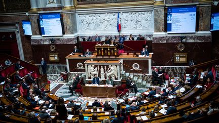 Une vue de l'Assemblée nationale à Paris, le 1er décembre 2023, durant une session de questions au gouvernement. (XOSE BOUZAS / HANS LUCAS / AFP)