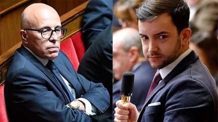 Le président des LR (G), Éric Ciotti et Jean-Philippe Tanguy, président délégué du groupe RN à l'Assemblée nationale (D). (BERTRAND GUAY / LUDOVIC MARIN / AFP)