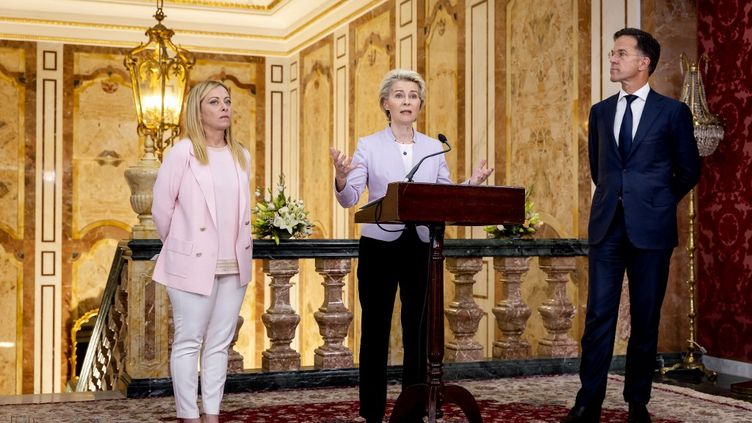 European Commission President Ursula von der Leyen during a press conference with Italian Prime Minister Georgia Meloni and Dutch Prime Minister Mark Rutte, in Tunis, the Tunisian capital, June 11, 2023. (KOEN VAN WEEL / ANP MAG / AFP)