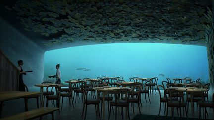 Une vue d'artiste du restaurant sous-marin Under, qui doit être contruit à Båly, dans le sud de la Norvège. (MIR / SNOHETTA)